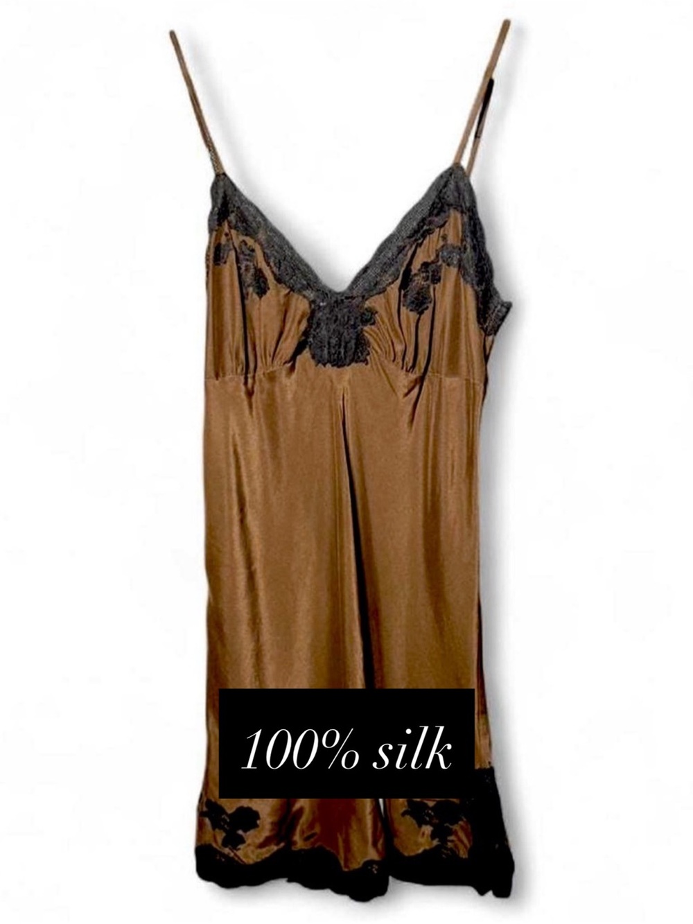 100% Silk Brown Slip Dress Lace Trim Gold Hawk Small